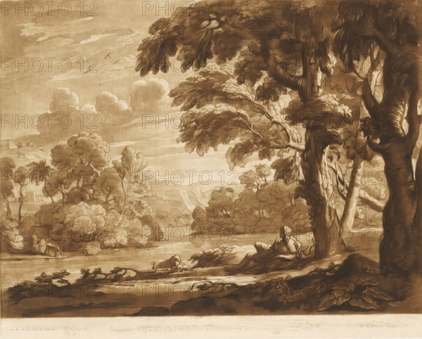 Landscape with John the Baptist lying under a tree on a riverbank, Liber Veritatis. Or a Collection of Two Hundred Prints, after the original designs of Claude le Lorrain, Prints after drawings by Claude Lorrain, print, Series number, 97, 200, printmaker: Richard Earlom, after drawing by Claude Lorrain, publisher: John Boydell, London, 1775-05-01, paper, mezzotint, etching, mezzotint and etching, printed in brown, height 207 mm x width 259 mm, From 1774, John Boydell published two hundred prints after the drawing book Liber Veritatis by Claude Lorrain, in the possession of the Dukes of Cavendish. These prints were published in two volumes from 1777 onwards., John the Baptist, possible attributes: book, reed cross, baptismal cup, honeycomb, lamb, staff, river bank - HH - ideal landscapes, A sepia-toned landscape drawing showing a wide view of trees, clouds, distant hills, and a body of water, with large, leafy trees dominating the right side and middle ground, their trunks and branches ...
