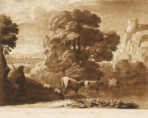 Landscape with shepherd, two goats and three oxen near a lake, Liber Veritatis. Or a Collection of Two Hundred Prints, after the original designs of Claude le Lorrain, Prints after drawings by Claude Lorrain, print, Series number, 98, 200, printmaker: Richard Earlom, after drawing by Claude Lorrain, publisher: John Boydell, London, 1775-05-01, paper, mezzotint, etching, mezzotint and etching, printed in brown, height 206 mm x width 259 mm, From 1774 John Boydell published two hundred prints based on the drawing book Liber Veritatis by Claude Lorrain, in the possession of the Dukes of Cavendish. These prints were published in bundled two volumes starting in 1777., herding, herdsman, herdswoman, shepherd, shepherdess, cowherd, cattle, lake - HH - ideal landscapes, landscape with tower or castle - II - ideal landscapes, A sepia-toned pastoral scene showing a large leafy tree dominating the center with dense foliage and textured branches, cliffs rising to the right with a ruined tower perc...