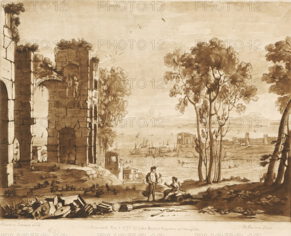 Coastal view with ruins and Apollo with the Sibyl of Cumae, Liber Veritatis. Or a Collection of Two Hundred Prints, after the original designs of Claude le Lorrain, Prints after drawings by Claude Lorrain, print, Series number, 99, 200, printmaker: Richard Earlom, after drawing by Claude Lorrain, publisher: John Boydell, London, 1775-05-01, paper, mezzotint, etching, mezzotint and etching, printed in brown, height 207 mm x width 258 mm, From 1774 John Boydell published two hundred prints based on the drawing book Liber Veritatis by Claude Lorrain, in the possession of the Dukes of Cavendish. These prints were published in two volumes from 1777 onwards., landscape with ruins - II - ideal landscapes, landscapes with waters, waterscapes, seascapes (in the temperate zone) - HH - ideal landscapes, coast - HH - ideal landscapes, the Cumaean Sibyl is granted long life: Apollo grants the Cumaean Sibyl as many years as she has grains of sand in her hand, in return for her love (Ovid, Metamorpho...