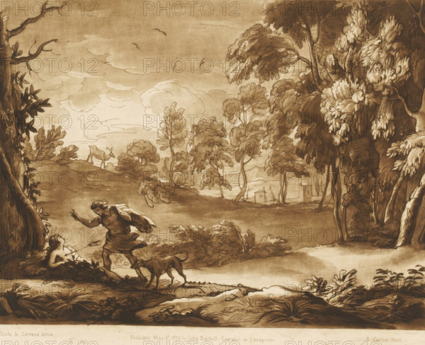 Landscape with the death of Procris, Prints after drawings by Claude Lorrain, Liber Veritatis. Or a Collection of Two Hundred Prints, after the original designs of Claude le Lorrain, print, Series number, 100, 200, printmaker: Richard Earlom, after drawing by Claude Lorrain, publisher: John Boydell, London, 1775-05-01, paper, mezzotint, etching, mezzotint and etching, printed in brown, height 207 mm x width 257 mm, From 1774 John Boydell published two hundred prints based on the drawing book Liber Veritatis by Claude Lorrain, in the possession of the Dukes of Cavendish. These prints were published in bundled two volumes starting in 1777., Cephalus inadvertently kills Procris, forest, wood - HH - ideal landscapes, A sepia-toned landscape drawing shows rolling hills dotted with trees and clusters of foliage, a large stand of trees on the right with dense leafy canopies, a few scattered clouds and birds in the sky, a distant small building with a simple roof near the horizon, a solitary g...