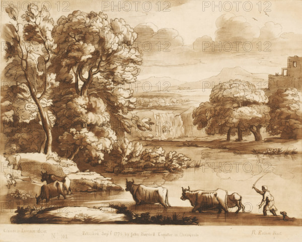 Landscape with waterfall and five oxen and shepherd crossing a river, Prints after drawings by Claude Lorrain, Liber Veritatis. Or a Collection of Two Hundred Prints, after the original designs of Claude le Lorrain, print, Series number, 102, 200, printmaker: Richard Earlom, after drawing by Claude Lorrain, publisher: John Boydell, London, 1775-09-01, paper, mezzotint, etching, mezzotint and etching, printed in brown, height 208 mm x width 258 mm, From 1774, John Boydell published two hundred prints after the drawing book Liber Veritatis by Claude Lorrain, in the possession of the Dukes of Cavendish. These prints were published in bundled two volumes starting in 1777., pastorals, Arcadian scenes, cattle driving, cattle driver, crossing a river, landscape with ruins - II - ideal landscapes, waterfall - HH - ideal landscapes, A sepia-toned landscape drawing showing a river with reflections and a waterfall in the middle distance, framed by large leafy trees on both sides and rolling hills...