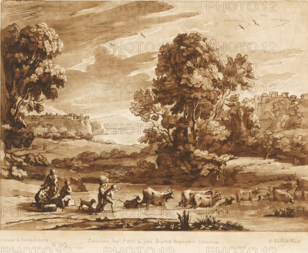Landscape with two towns on hills and drovers crossing the river, Liber Veritatis. Or a Collection of Two Hundred Prints, after the original designs of Claude le Lorrain, Prints after drawings by Claude Lorrain, print, Series number, 103, 200, printmaker: Richard Earlom, after drawing by Claude Lorrain, publisher: John Boydell, London, 1775-09-01, paper, mezzotint, etching, mezzotint and etching, printed in brown, height 207 mm x width 258 mm, From 1774 John Boydell published two hundred prints based on the drawing book Liber Veritatis by Claude Lorrain, in the possession of the Dukes of Cavendish. These prints were published in two volumes from 1777 onwards., pastorals, Arcadian scenes, cattle driving, cattle driver, crossing a river, city-view, and landscape with man-made constructions - II - ideal landscapes, A sepia-toned landscape drawing showing a wide river or plain edged by rolling hills and large leafy trees, with clouds and birds in the sky. In the foreground there are people...