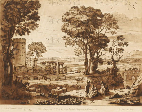 Landscape with ruins, tower, stone bridge and shepherds making music, Prints after drawings by Claude Lorrain, Liber Veritatis. Or a Collection of Two Hundred Prints, after the original designs of Claude le Lorrain, print, Series number, 104, 200, printmaker: Richard Earlom, after drawing by Claude Lorrain, publisher: John Boydell, London, 1775-09-01, paper, mezzotint, etching, mezzotint and etching, printed in brown, height 208 mm x width 258 mm, From 1774 John Boydell published two hundred prints based on the drawing book Liber Veritatis by Claude Lorrain, in the possession of the Dukes of Cavendish. These prints were published in two volumes from 1777 onwards., cattle, landscape with ruins - II - ideal landscapes, making music, musician with instrument - CC - out of doors, river - HH - ideal landscapes, landscape with tower or castle - II - ideal landscapes, A sepia-toned landscape drawing showing large, leafy trees with textured trunks and foliage framing a wide open plain, scatter...
