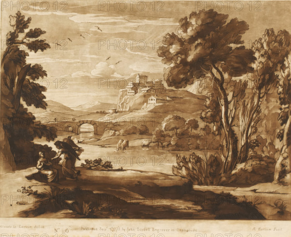 Landscape with angel telling Hagar to return to Abraham and Sarah, Liber Veritatis. Or a Collection of Two Hundred Prints, after the original designs of Claude le Lorrain, Prints after drawings by Claude Lorrain, print, Series number, 106, 200, printmaker: Richard Earlom, after drawing by Claude Lorrain, publisher: John Boydell, London, 1775-09-01, paper, mezzotint, etching, mezzotint and etching, printed in brown, height 208 mm x width 258 mm, From 1774 John Boydell published two hundred prints based on the drawing book Liber Veritatis by Claude Lorrain, in the possession of the Dukes of Cavendish. These prints were published in two volumes from 1777 onwards., an angel meets Hagar at the fountain on the way to Shur and persuades her to return, landscape with bridge, viaduct or aqueduct - II - ideal landscapes, lake - HH - ideal landscapes, A sepia-toned landscape drawing showing a river running through a valley with an arched stone bridge spanning the water and a cluster of buildings ...