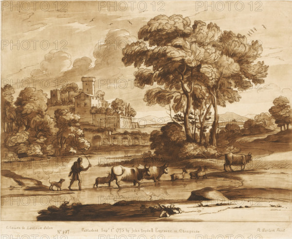 Landscape with town on a hill and cattle driver crossing the river, Liber Veritatis. Or a Collection of Two Hundred Prints, after the original designs of Claude le Lorrain, Prints after drawings by Claude Lorrain, print, Series number, 107, 200, printmaker: Richard Earlom, after drawing by Claude Lorrain, publisher: John Boydell, London, 1775-09-01, paper, mezzotint, etching, mezzotint and etching, printed in brown, height 208 mm x width 256 mm, From 1774 John Boydell published two hundred prints based on the drawing book Liber Veritatis by Claude Lorrain, in the possession of the Dukes of Cavendish. These prints were published in two volumes from 1777 onwards., pastorals, Arcadian scenes, cattle driving, cattle driver, crossing a river, river - HH - ideal landscapes, city-view, and landscape with man-made constructions - II - ideal landscapes, A sepia-toned landscape drawing showing a cluster of tall leafy trees on the right with detailed trunks and dense foliage, and a large fortifie...