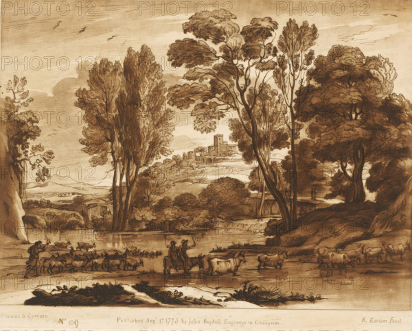 Landscape with village on a hill and three drovers crossing the river, Prints after drawings by Claude Lorrain, Liber Veritatis. Or a Collection of Two Hundred Prints, after the original designs of Claude le Lorrain, print, Series number, 109, 200, printmaker: Richard Earlom, after drawing by Claude Lorrain, publisher: John Boydell, London, 1775-09-01, paper, mezzotint, etching, mezzotint and etching, printed in brown, height 207 mm x width 259 mm, From 1774 John Boydell published two hundred prints based on the drawing book Liber Veritatis by Claude Lorrain, in the possession of the Dukes of Cavendish. These prints were published in two volumes from 1777 onwards., pastorals, Arcadian scenes, cattle driving, cattle driver, crossing a river, city-view, and landscape with man-made constructions - II - ideal landscapes, A sepia-toned landscape drawing showing a river or pond in the foreground with reflections on the water, low grassy banks with small plants, and groups of livestock includ...