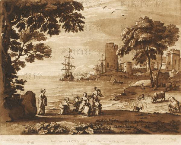 Coastal view with the kidnapping of Europe, Liber Veritatis. Or a Collection of Two Hundred Prints, after the original designs of Claude le Lorrain, Prints after drawings by Claude Lorrain, print, Series number, 111, 200, printmaker: Richard Earlom, after drawing by Claude Lorrain, publisher: John Boydell, London, 1775-09-01, paper, mezzotint, etching, mezzotint and etching, printed in brown, height 206 mm x width 256 mm, From 1774 John Boydell published two hundred prints based on the drawing book Liber Veritatis by Claude Lorrain, in the possession of the Dukes of Cavendish. These prints were published in bundled two volumes starting in 1777., Europa and her maidens play with the bull, and, or adorn it with flowers, sea (seascape), coast - HH - ideal landscapes, A sepia-toned coastal scene shows a shoreline with gentle waves and a group of women near the water engaging with each other and with gathered items, one standing apart on a rock and others seated or kneeling. Ships with mast...
