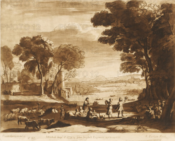 Landscape with the marriage of Isaac and Rebekah, Liber Veritatis. Or a Collection of Two Hundred Prints, after the original designs of Claude le Lorrain, Prints after drawings by Claude Lorrain, print, Series number, 113, 200, printmaker: Richard Earlom, after drawing by Claude Lorrain, publisher: John Boydell, London, 1775-09-01, paper, mezzotint, etching, mezzotint and etching, printed in brown, height 207 mm x width 258 mm, From 1774 John Boydell published two hundred prints based on the drawing book Liber Veritatis by Claude Lorrain, in the possession of the Dukes of Cavendish. These prints were published in two volumes from 1777 onwards., pastorals, Arcadian scenes, one pair dancing, man and woman dancing as a couple, marriage of Isaac and Rebekah, making music, musician with instrument - CC - out of doors, river - HH - ideal landscapes, watermill in landscape - II - ideal landscapes, A sepia-toned landscape drawing showing a river or wide stream winding through a valley with dis...