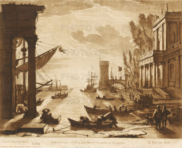 Seaport with the embarkation of the Queen of Sheba, Liber Veritatis. Or a Collection of Two Hundred Prints, after the original designs of Claude le Lorrain, Prints after drawings by Claude Lorrain, print, Series number, 114, 200, printmaker: Richard Earlom, after drawing by Claude Lorrain, publisher: John Boydell, London, 1775-09-01, paper, mezzotint, etching, mezzotint and etching, printed in brown, height 207 mm x width 258 mm, From 1774 John Boydell published two hundred prints based on the drawing book Liber Veritatis by Claude Lorrain, in the possession of the Dukes of Cavendish. These prints were published in two volumes from 1777 onwards., harbour, sunset, landscape with ruins - II - ideal landscapes, Solomon and the queen of Sheba (1 Kings 10:1-3, 2 Chronicles 9:1-9), ships (in general) (getting in, mounting, embarkation), A sepia-toned waterfront scene showing a wide channel with small boats and larger sailing ships, flanked by classical buildings with columns and statues on o...