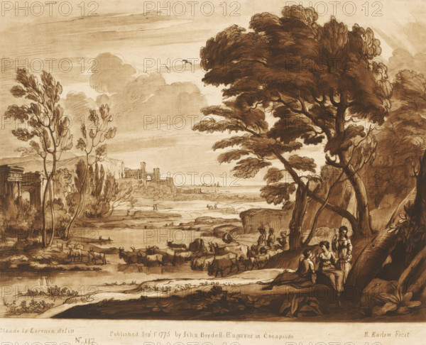 Landscape with Paris and Oenone, Prints after drawings by Claude Lorrain, Liber Veritatis. Or a Collection of Two Hundred Prints, after the original designs of Claude le Lorrain, print, Series number, 117, 200, printmaker: Richard Earlom, after drawing by Claude Lorrain, publisher: John Boydell, London, 1775-09-01, paper, mezzotint, etching, mezzotint and etching, printed in brown, height 209 mm x width 258 mm, From 1774 John Boydell published two hundred prints based on the drawing book Liber Veritatis by Claude Lorrain, in the possession of the Dukes of Cavendish. These prints were published in two volumes from 1777 onwards., cattle, landscape with ruins - II - ideal landscapes, Paris and Oenone, the nymph, river - HH - ideal landscapes, A sepia-toned landscape drawing shows a wide riverside valley with rolling hills and distant architectural ruins along the far shore. Large, leafy trees dominate the right foreground with twisting trunks and dense canopies, while more slender trees r...