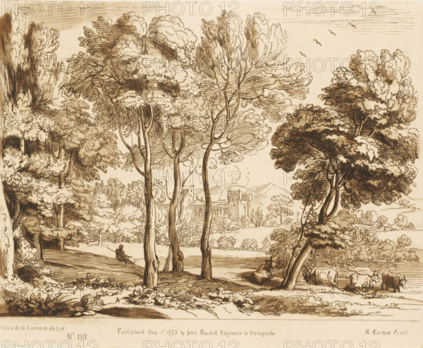 View of the Tor Crescenza Castle in Rome, Prints after drawings by Claude Lorrain, Liber Veritatis. Or a Collection of Two Hundred Prints, after the original designs of Claude le Lorrain, print, Series number, 118, 200, printmaker: Richard Earlom, after drawing by Claude Lorrain, publisher: John Boydell, London, 1775-09-01, paper, mezzotint, etching, mezzotint and etching, printed in brown, height 208 mm x width 259 mm, From 1774 John Boydell published two hundred prints based on the drawing book Liber Veritatis by Claude Lorrain, in the possession of the Dukes of Cavendish. These prints were published in two volumes from 1777 onwards., pastorals, Arcadian scenes, landscape with tower or castle, castle, Rome, Castello della Crescenza, A sepia-toned ink landscape showing a foreground of tall, slender trees with textured foliage and visible trunks, a grassy area beneath them with a seated figure and a dog, rolling ground with rocks and low plants, and a body of water indicated near the b...