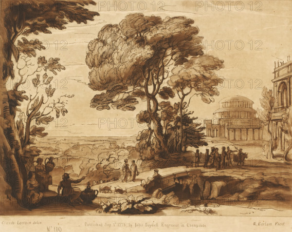 View of Delphi with procession, Prints after drawings by Claude Lorrain, Liber Veritatis. Or a Collection of Two Hundred Prints, after the original designs of Claude le Lorrain, print, Series number, 119, 200, printmaker: Richard Earlom, after drawing by Claude Lorrain, publisher: John Boydell, London, 1775-09-01, paper, mezzotint, etching, mezzotint and etching, printed in brown, height 206 mm x width 260 mm, From 1774 John Boydell published two hundred prints based on the drawing book Liber Veritatis by Claude Lorrain, in the possession of the Dukes of Cavendish. These prints were published in two volumes from 1777 onwards, city-view, and landscape with man-made constructions, temple, shrine, non-Christian religions, landscape with bridge, viaduct or aqueduct - II - ideal landscapes, Euboea, Delphi, A sepia-toned landscape drawing showing large, leafy trees in the foreground with textured trunks and dense foliage, a group of small human figures gathered along a curved path and near a...