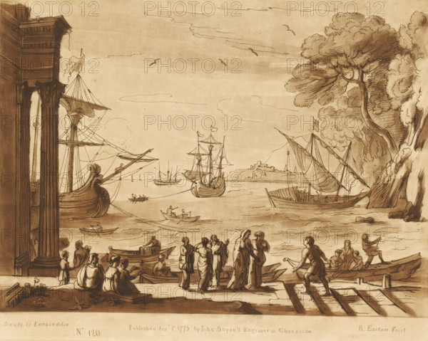 Harbour view with embarkation of H. Paula, Liber Veritatis. Or a Collection of Two Hundred Prints, after the original designs of Claude le Lorrain, Prints after drawings by Claude Lorrain, print, Series number, 120, 200, printmaker: Richard Earlom, after drawing by Claude Lorrain, publisher: John Boydell, London, 1775-09-01, paper, mezzotint, etching, mezzotint and etching, printed in brown, height 208 mm x width 260 mm, From 1774 John Boydell published two hundred prints based on the drawing book Liber Veritatis by Claude Lorrain, in the possession of the Dukes of Cavendish. These prints were published in two volumes from 1777 onwards., harbour, sailing-ship, sailing-boat, female saints (with NAME), ships (in general) (getting in, mounting, embarkation), A sepia-toned drawing shows a coastal scene with multiple sailing ships and smaller boats on calm water, some with furled sails and visible rigging, and a few boats carrying rowers; a group of people in classical drapery gather on a s...