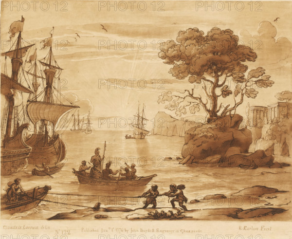 Coastal view with landing of Aeneas in Latium, Liber Veritatis. Or a Collection of Two Hundred Prints, after the original designs of Claude le Lorrain, Prints after drawings by Claude Lorrain, print, Series number, 122, 200, printmaker: Richard Earlom, after drawing by Claude Lorrain, publisher: John Boydell, London, 1776-01-01, paper, mezzotint, etching, mezzotint and etching, printed in brown, height 206 mm x width 257 mm, From 1774 John Boydell published two hundred prints based on the drawing book Liber Veritatis by Claude Lorrain, in the possession of the Dukes of Cavendish. These prints were published in bundled two volumes starting in 1777., sailing-ship, sailing-boat, city-view, and landscape with man-made constructions, the story of Aeneas' wanderings to Italy (Virgil, Aeneid), coast - HH - ideal landscapes, traffic and transport (arrival, coming to anchor, at anchor), Latium, A sepia-toned coastal scene showing sailing ships at anchor on the left with tall masts, billowing sa...
