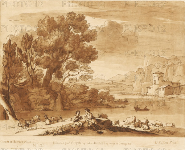 Landscape with a shepherd couple and goats near a bank, Prints after drawings by Claude Lorrain, Liber Veritatis. Or a Collection of Two Hundred Prints, after the original designs of Claude le Lorrain, print, Series number, 123, 200, printmaker: Richard Earlom, after drawing by Claude Lorrain, publisher: John Boydell, London, 1776-01-01, paper, mezzotint, etching, mezzotint and etching, printed in brown, height 206 mm x width 258 mm, From 1774 John Boydell published two hundred prints based on the drawing book Liber Veritatis by Claude Lorrain, in the possession of the Dukes of Cavendish. These prints were published in two volumes from 1777 onwards., pastorals, Arcadian scenes, herding, herdsman, herdswoman, shepherd, shepherdess, cowherd, cattle, river - HH - ideal landscapes, watermill in landscape - II - ideal landscapes, A sepia-toned landscape drawing showing a large, leafy tree cluster on the left with dense foliage and textured trunks, a calm body of water stretching toward the ...