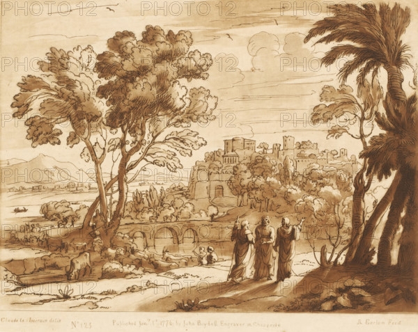 Landscape with Christ and the disciples at Emmaus, Prints after drawings by Claude Lorrain, Liber Veritatis. Or a Collection of Two Hundred Prints, after the original designs of Claude le Lorrain, print, Series number, 125, 200, printmaker: Richard Earlom, after drawing by Claude Lorrain, publisher: John Boydell, London, 1776-01-01, paper, mezzotint, etching, mezzotint and etching, printed in brown, height 206 mm x width 257 mm, From 1774 John Boydell published two hundred prints based on the drawing book Liber Veritatis by Claude Lorrain, in the possession of the Dukes of Cavendish. These prints were published in two volumes from 1777 onwards: Cleopas and Peter meet Christ (sometimes they are dressed as pilgrims), river - HH - ideal landscapes, city-view, and landscape with man-made constructions - II - ideal landscapes, A sepia-toned landscape drawing shows a river scene with trees of varied shapes and dense foliage framing the view; a tall palm-like tree stands on the right while br...