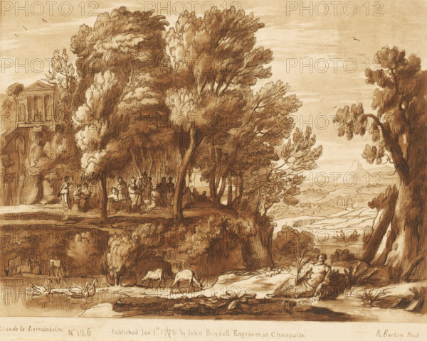 Landscape with the Muses on Mount Helicon, Liber Veritatis. Or a Collection of Two Hundred Prints, after the original designs of Claude le Lorrain, Prints after drawings by Claude Lorrain, print, Series number, 126, 200, On the right, the river Helicon is depicted as a river god., printmaker: Richard Earlom, after drawing by Claude Lorrain, publisher: John Boydell, London, 1776-01-01, paper, mezzotint, etching, mezzotint and etching, printed in brown, height 208 mm x width 257 mm, From 1774, John Boydell published two hundred prints after the drawing book Liber Veritatis by Claude Lorrain, in the possession of the Dukes of Cavendish. These prints were published in two volumes from 1777 onwards., Apollo and the Muses, Apollo Musagetes, river - HH - ideal landscapes, Helicon, sacred to the Muses, Euboea, A sepia-toned landscape drawing shows a wooded hillside with clusters of tall, leafy trees occupying much of the scene, their foliage rendered in layered strokes and washes. Among the tr...