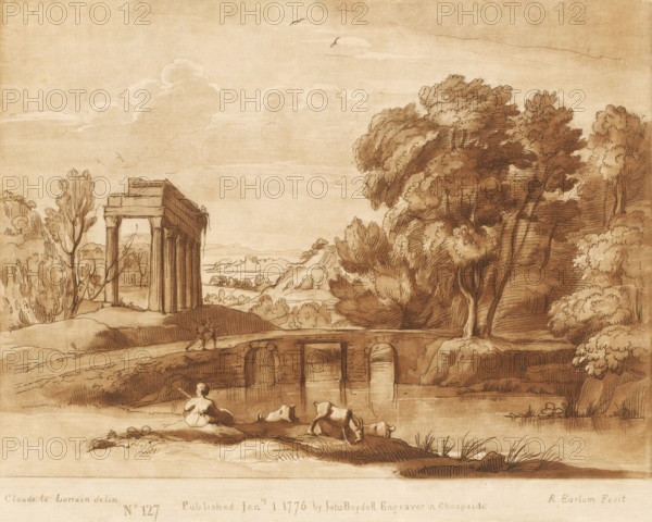 Landscape with stone bridge, ruin and three goats, Liber Veritatis. Or a Collection of Two Hundred Prints, after the original designs of Claude le Lorrain, Prints after drawings by Claude Lorrain, print, Series number, 127, 200, printmaker: Richard Earlom, after drawing by Claude Lorrain, publisher: John Boydell, London, 1776-01-01, paper, mezzotint, etching, mezzotint and etching, printed in brown, height 206 mm x width 258 mm, From 1774 John Boydell published two hundred prints based on the drawing book Liber Veritatis by Claude Lorrain, in the possession of the Dukes of Cavendish. These prints were published in two volumes from 1777 onwards., pastorals, Arcadian scenes, herding, herdsman, herdswoman, shepherd, shepherdess, cowherd, goat, landscape with ruins - II - ideal landscapes, river - HH - ideal landscapes, A sepia-toned landscape drawing showing a ruined classical temple with columns on a small hill at left, a river or pond in the foreground with reflections and arched openin...