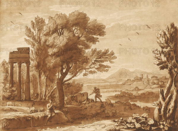 Landscape with Mercury stealing Apollo's cattle, Prints after drawings by Claude Lorrain, Liber Veritatis. Or a Collection of Two Hundred Prints, after the original designs of Claude le Lorrain, print, Series number, 128, 200, printmaker: Richard Earlom, after drawing by Claude Lorrain, publisher: John Boydell, London, 1776-01-01, Richard Earlom, Claude Lorrain, John Boydell, printmaker, after drawing by, publisher, paper, mezzotint, etching, mezzotint and etching, printed in brown, height 207 mm x width 258 mm, From 1774 John Boydell published two hundred prints based on the drawing book Liber Veritatis by Claude Lorrain, in the possession of the Dukes of Cavendish. These prints were published in bundles in two volumes starting in 1777., landscape with bridge, viaduct or aqueduct - II - ideal landscapes, city-view, and landscape with man-made constructions - II - ideal landscapes, Mercury and Battus, Battus is bribed with a heifer as hush-money, A sepia-toned landscape drawing shows t...