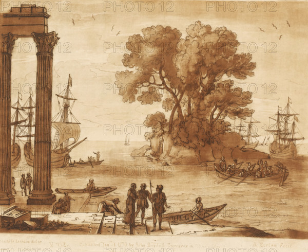 Seaport with embarkation of Saint Paul, Liber Veritatis. Or a Collection of Two Hundred Prints, after the original designs of Claude le Lorrain, Prints after drawings by Claude Lorrain, print, Series number, 132, 200, printmaker: Richard Earlom, after drawing by Claude Lorrain, publisher: John Boydell, London, 1776-01-01, paper, mezzotint, etching, mezzotint and etching, printed in brown, height 206 mm x width 257 mm, From 1774 John Boydell published two hundred prints based on the drawing book Liber Veritatis by Claude Lorrain, in the possession of the Dukes of Cavendish. These prints were published in two volumes from 1777 onwards., sailing-ship, sailing-boat, sea (seascape), ships (in general) (getting in, mounting, embarkation), the departure from the harbour of Caesarea, Paul's journey to Rome, A sepia-toned drawing shows a coastal scene with tall classical columns on the left, several sailing ships with masts and flags in the water, and a large leafy tree cluster on a rocky shore...