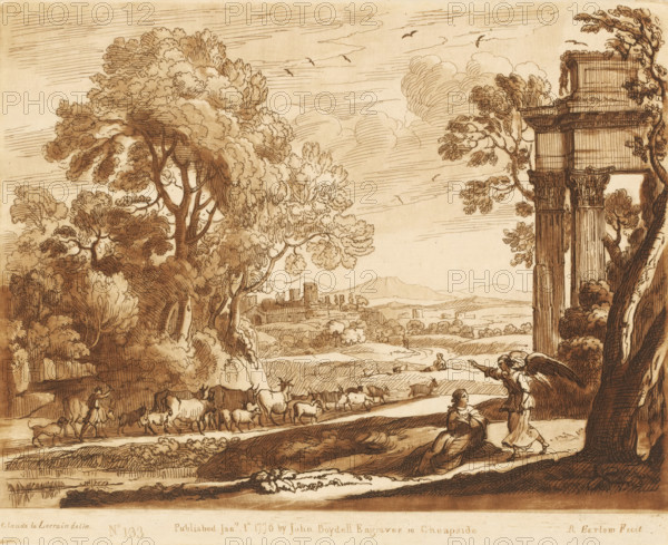 Landscape with Hagar and the angel near a ruin, Prints after drawings by Claude Lorrain, Liber Veritatis. Or a Collection of Two Hundred Prints, after the original designs of Claude le Lorrain, print, Series number, 133, 200, printmaker: Richard Earlom, after drawing by Claude Lorrain, publisher: John Boydell, London, 1776-01-01, paper, mezzotint, etching, mezzotint and etching, printed in brown, height 209 mm x width 260 mm, From 1774 John Boydell published two hundred prints based on the drawing book Liber Veritatis by Claude Lorrain, in the possession of the Dukes of Cavendish. These prints were published in bundled two volumes starting in 1777., cattle driving, cattle driver, landscape with ruins - II - ideal landscapes, an angel meets Hagar at the fountain on the way to Shur and persuades her to return, A sepia-toned landscape drawing showing a large cluster of trees on the left with detailed foliage and textured trunks, a distant town or ruins visible on a low hill in the midgrou...