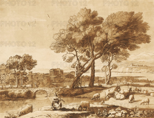 Landscape with Mercury stealing Admetus' cattle from Apollo, Prints after drawings by Claude Lorrain, Liber Veritatis. Or a Collection of Two Hundred Prints, after the original designs of Claude le Lorrain, print, Series number, 135, 200, printmaker: Richard Earlom, after drawing by Claude Lorrain, publisher: John Boydell, London, 1776-01-01, Richard Earlom, Claude Lorrain, John Boydell, printmaker, after drawing by, publisher, paper, mezzotint, etching, mezzotint and etching, printed in brown, height 208 mm x width 260 mm, From 1774 John Boydell published two hundred prints based on the drawing book Liber Veritatis by Claude Lorrain, in the possession of the Dukes of Cavendish. These prints were published in two volumes from 1777 onwards., Mercury steals the flock which Apollo is tending, landscape with bridge, viaduct or aqueduct - II - ideal landscapes, city-view, and landscape with man-made constructions - II - ideal landscapes, A sepia-toned landscape drawing shows a cluster of la...