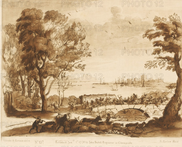 Coastal landscape with drovers and fight on a bridge, Liber Veritatis. Or a Collection of Two Hundred Prints, after the original designs of Claude le Lorrain, Prints after drawings by Claude Lorrain, print, Series number, 137, 200, printmaker: Richard Earlom, after drawing by Claude Lorrain, publisher: John Boydell, London, 1776-01-01, paper, mezzotint, etching, mezzotint and etching, printed in brown, height 209 mm x width 260 mm, From 1774 John Boydell published two hundred prints based on the drawing book Liber Veritatis by Claude Lorrain, in the possession of the Dukes of Cavendish. These prints were published in bundled two volumes starting in 1777., battle, fighting in general, cattle driving, cattle driver, coast - HH - ideal landscapes, landscape with bridge, viaduct or aqueduct - II - ideal landscapes, A sepia ink landscape showing a wooded riverside with large leafy trees framing the scene on left and right, a stone arch bridge crossing water near the center, and a distant sh...
