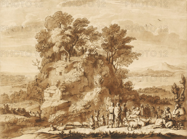 Landscape with Christ's Sermon on the Mount, Prints after drawings by Claude Lorrain, Liber Veritatis. Or a Collection of Two Hundred Prints, after the original designs of Claude le Lorrain, print, Series number, 138, 200, printmaker: Richard Earlom, after drawing by Claude Lorrain, publisher: John Boydell, London, 1776-01-01, Richard Earlom, Claude Lorrain, John Boydell, printmaker, after drawing by, publisher, paper, mezzotint, etching, mezzotint and etching, printed in brown, height 208 mm x width 258 mm, From 1774 John Boydell published two hundred prints based on the drawing book Liber Veritatis by Claude Lorrain, in the possession of the Dukes of Cavendish. These prints were published in two volumes from 1777 onwards., mountains - HH - ideal landscapes, Christ's sermon on the mount (Matthew 5-7), A sepia-toned landscape drawing showing a rocky hill topped with clustered trees and a group of seated and standing figures among the trees, with a winding stair path up the cliff popula...