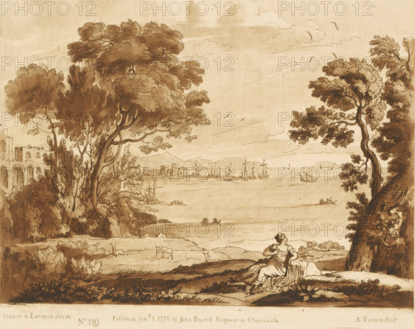 Coast of Naxos with Bacchus and Ariadne, Prints after drawings by Claude Lorrain, Liber Veritatis. Or a Collection of Two Hundred Prints, after the original designs of Claude le Lorrain, print, Series number, 139, 200, printmaker: Richard Earlom, after drawing by Claude Lorrain, publisher: John Boydell, London, 1776-01-01, paper, mezzotint, etching, mezzotint and etching, printed in brown, height 209 mm x width 258 mm, From 1774 John Boydell published two hundred prints based on the drawing book Liber Veritatis by Claude Lorrain, in the possession of the Dukes of Cavendish. These prints were published in two volumes from 1777 onwards., sea (seascape), Bacchus finds Ariadne on Naxos, coast - HH - ideal landscapes, Naxos, A sepia-toned landscape drawing depicting a shoreline scene with large, leafy trees framing both sides, clusters of bushes and grasses in the foreground, and a gently sloping bank leading down to water where small rowboats and sailing ships are visible; a seated woman i...