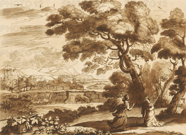 Landscape with Hagar and the angel, Liber Veritatis. Or a Collection of Two Hundred Prints, after the original designs of Claude le Lorrain, Prints after drawings by Claude Lorrain, print, Series number, 140, 200, printmaker: Richard Earlom, after drawing by Claude Lorrain, publisher: John Boydell, London, 1776-01-01, paper, mezzotint, etching, mezzotint and etching, printed in brown, height 207 mm x width 257 mm, From 1774 John Boydell published two hundred prints based on the drawing book Liber Veritatis by Claude Lorrain, in the possession of the Dukes of Cavendish. These prints were published in two volumes from 1777 onwards., an angel meets Hagar at the fountain on the way to Shur and persuades her to return, city-view, and landscape with man-made constructions - II - ideal landscapes, A sepia-toned ink drawing showing a landscape with large, leafy trees in the foreground and a cluster of buildings on a distant hillside, a river or valley between them, layered clouds and distant m...
