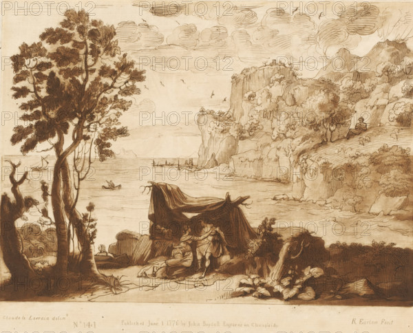 Coastal landscape with Acis and Galatea, Liber Veritatis. Or a Collection of Two Hundred Prints, after the original designs of Claude le Lorrain, Prints after drawings by Claude Lorrain, print, Series number, 141, 200, printmaker: Richard Earlom, after drawing by Claude Lorrain, publisher: John Boydell, London, 1776-06-01, paper, mezzotint, etching, mezzotint and etching, printed in brown, height 207 mm x width 258 mm, From 1774 John Boydell published two hundred prints based on the drawing book Liber Veritatis by Claude Lorrain, in the possession of the Dukes of Cavendish. These prints were published in two volumes from 1777 onwards, sea (seascape), rocky coast, Acis wooing Galatea, A sepia-toned landscape drawing showing a coastal scene with a large, leafy tree in the left foreground and rocky cliffs rising on the right, a small sheltered camp beneath a draped canopy near the center where two figures interact, one seated and one standing, boats and small craft on the calm sea in the ...