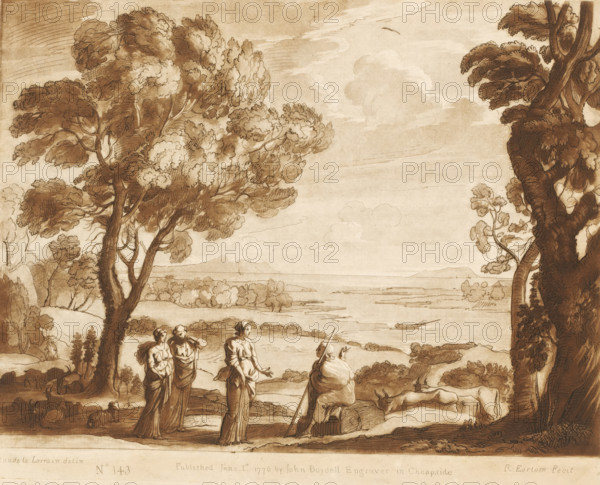 Landscape with the daughters of Helios, Prints after drawings by Claude Lorrain, Liber Veritatis. Or a Collection of Two Hundred Prints, after the original designs of Claude le Lorrain, print, Series number, 143, 200, printmaker: Richard Earlom, after drawing by Claude Lorrain, publisher: John Boydell, London, 1776-06-01, paper, mezzotint, etching, mezzotint and etching, printed in brown, height 207 mm x width 258 mm, From 1774 John Boydell published two hundred prints based on the drawing book Liber Veritatis by Claude Lorrain, in the possession of the Dukes of Cavendish. These prints were published in two volumes from 1777 onwards., herding, herdsman, herdswoman, shepherd, shepherdess, cowherd, cattle, other scenes from the story of Phaethon and the chariot of the sun, A sepia-toned drawing shows a pastoral scene with large, leafy trees framing a wide open sky with soft clouds and a distant shoreline visible across calm water; in the foreground three standing women in long draped gar...