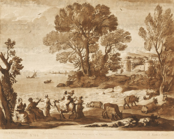 Coastal view with the plunder of Europe, Prints after drawings by Claude Lorrain, Liber Veritatis. Or a Collection of Two Hundred Prints, after the original designs of Claude le Lorrain, print, Series number, 144, 200, printmaker: Richard Earlom, after drawing by Claude Lorrain, publisher: John Boydell, London, 1776-06-01, paper, mezzotint, etching, mezzotint and etching, printed in brown, height 206 mm x width 258 mm, From 1774 John Boydell published two hundred prints based on the drawing book Liber Veritatis by Claude Lorrain, in the possession of the Dukes of Cavendish. These prints were published in two volumes from 1777 onwards., Europa and her maidens play with the bull, and, or adorn it with flowers, sea (seascape), coast - HH - ideal landscapes, city-view, and landscape with man-made constructions - II - ideal landscapes, A sepia-toned landscape drawing showing a shoreline with tall, leafy trees clustered near the center and right, their trunks and branches rendered with flowi...