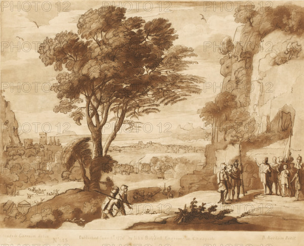 Landscape with David at the Cave of Adullam, Liber Veritatis. Or a Collection of Two Hundred Prints, after the original designs of Claude le Lorrain, Prints after drawings by Claude Lorrain, print, Series number, 145, 200, printmaker: Richard Earlom, after drawing by Claude Lorrain, publisher: John Boydell, London, 1776-06-01, paper, mezzotint, etching, mezzotint and etching, printed in brown, height 206 mm x width 258 mm, From 1774 John Boydell published two hundred prints based on the drawing book Liber Veritatis by Claude Lorrain, in the possession of the Dukes of Cavendish. These prints were published in bundled two volumes starting in 1777., mountains - HH - ideal landscapes, city-view, and landscape with man-made constructions - II - ideal landscapes, cave, grotto - HH - ideal landscapes, David in the cave Adullam, A sepia-toned landscape drawing shows a large leafy tree with a thick trunk and spreading branches near the center, framed by rocky cliffs with smaller trees and shrub...