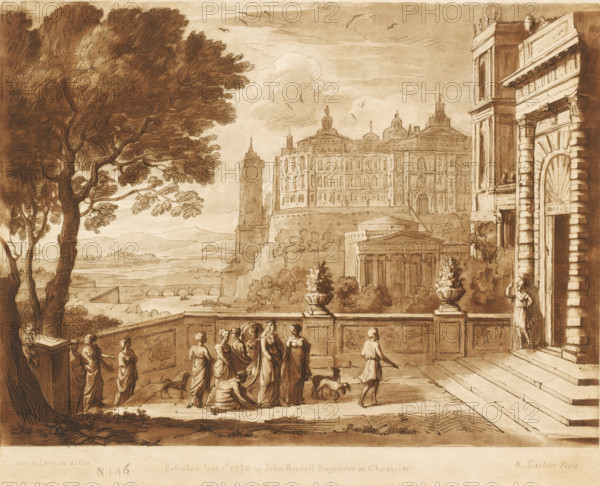 Queen Esther approaches the palace of Ahasuerus, Prints after drawings by Claude Lorrain, Liber Veritatis. Or a Collection of Two Hundred Prints, after the original designs of Claude le Lorrain, print, Series number, 146, 200, printmaker: Richard Earlom, after drawing by Claude Lorrain, publisher: John Boydell, London, 1776-06-01, paper, mezzotint, etching, mezzotint and etching, printed in brown, height 207 mm x width 258 mm, From 1774 John Boydell published two hundred prints based on the drawing book Liber Veritatis by Claude Lorrain, in the possession of the Dukes of Cavendish. These prints were published in two volumes from 1777 onwards., palace, city-view, and landscape with man-made constructions - II - ideal landscapes, Esther on her way to King Ahasuerus, A sepia-toned landscape drawing showing a terrace scene in the foreground with a group of people dressed in flowing classical garments, some standing, some bending, and a man walking with a small dog; the terrace has a balust...