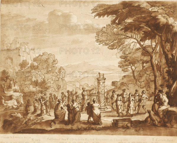 Landscape with Adoration of the Golden Calf, Liber Veritatis. Or a Collection of Two Hundred Prints, after the original designs of Claude le Lorrain, Prints after drawings by Claude Lorrain, print, Series number, 148, 200, On the left Moses receives the tablets of the law., printmaker: Richard Earlom, after drawing by Claude Lorrain, publisher: John Boydell, London, 1776-09-02, paper, mezzotint, etching, mezzotint and etching, printed in brown, height 206 mm x width 257 mm, From 1774, John Boydell published two hundred prints after the drawing book Liber Veritatis by Claude Lorrain, in the possession of the Dukes of Cavendish. These prints were published in two volumes from 1777 onwards., Moses receives the tables of the law from God, the people dance around the golden calf, Exodus, mountains - HH - ideal landscapes, adoration of the golden calf (which may be standing on a pillar, and is sometimes depicted as a dragon), A sepia-toned landscape drawing showing a large group of people ga...