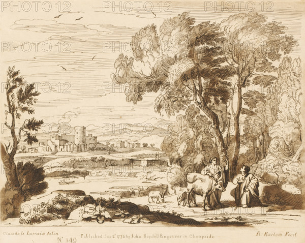 Landscape with Juno entrusting Io to Argus, Prints after drawings by Claude Lorrain, Liber Veritatis. Or a Collection of Two Hundred Prints, after the original designs of Claude le Lorrain, print, Series number, 149, 200, printmaker: Richard Earlom, after drawing by Claude Lorrain, publisher: John Boydell, London, 1776-09-02, paper, mezzotint, etching, mezzotint and etching, printed in brown, height 206 mm x width 258 mm, From 1774 John Boydell published two hundred prints based on the drawing book Liber Veritatis by Claude Lorrain, in the possession of the Dukes of Cavendish. These prints were published in two volumes from 1777 onwards., Juno appoints Argus to watch the cow (Io metamorphosed), river - HH - ideal landscapes, city-view, and landscape with man-made constructions - II - ideal landscapes, A sepia-toned ink drawing showing a riverside landscape with tall, leafy trees clustered on the right and a lone tree on the left, a calm waterway running through the middle with small bo...