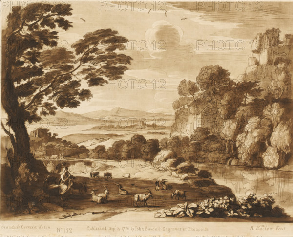 Landscape with Apollo guarding the cattle, Prints after drawings by Claude Lorrain, Liber Veritatis. Or a Collection of Two Hundred Prints, after the original designs of Claude le Lorrain, print, Series number, 152, 200, printmaker: Richard Earlom, after drawing by Claude Lorrain, publisher: John Boydell, London, 1776-09-02, paper, mezzotint, etching, mezzotint and etching, printed in brown, height 205 mm x width 258 mm, From 1774 John Boydell published two hundred prints based on the drawing book Liber Veritatis by Claude Lorrain, in the possession of the Dukes of Cavendish. These prints were published in two volumes from 1777 onwards., cattle, Mercury steals the flock which Apollo is tending, mountains - HH - ideal landscapes, river - HH - ideal landscapes, A sepia-toned landscape drawing showing a wide countryside scene with rolling hills and distant mountains under a sky with soft clouds and a few birds. Tall, leafy trees frame the left side and center, their branches extending acr...