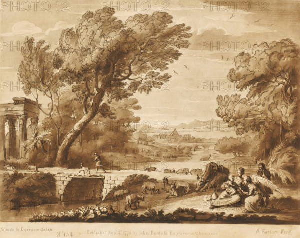 Landscape with ruins and tranquility during the flight to Egypt, Prints after drawings by Claude Lorrain, Liber Veritatis. Or a Collection of Two Hundred Prints, after the original designs of Claude le Lorrain, print, Series number, 154, 200, printmaker: Richard Earlom, after drawing by Claude Lorrain, publisher: John Boydell, London, 1776-09-02, paper, mezzotint, etching, mezzotint and etching, printed in brown, height 206 mm x width 258 mm, From 1774 John Boydell published two hundred prints based on the drawing book Liber Veritatis by Claude Lorrain, in the possession of the Dukes of Cavendish. These prints were published in bundled two volumes starting in 1777., landscape with ruins - II - ideal landscapes, landscape with bridge, viaduct or aqueduct - II - ideal landscapes, river - HH - ideal landscapes, rest on the flight into Egypt - BB - landscape predominant (+angel(s)), A sepia-toned landscape drawing showing large, leafy trees framing a distant view of hills and a body of wat...