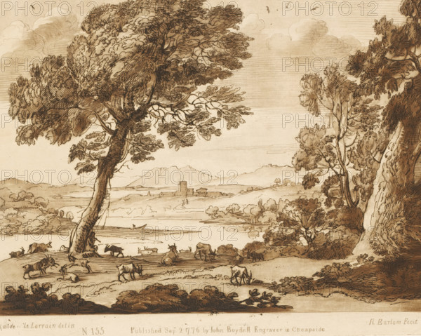 Landscape with goats and a flute-playing shepherd near a lake, Liber Veritatis. Or a Collection of Two Hundred Prints, after the original designs of Claude le Lorrain, Prints after drawings by Claude Lorrain, print, Series number, 155, 200, printmaker: Richard Earlom, after drawing by Claude Lorrain, publisher: John Boydell, London, 1776-09-02, paper, mezzotint, etching, mezzotint and etching, printed in brown, height 206 mm x width 260 mm, From 1774 John Boydell published two hundred prints based on the drawing book Liber Veritatis by Claude Lorrain, in the possession of the Dukes of Cavendish. These prints were published in two volumes from 1777 onwards., pastorals, Arcadian scenes, herding, herdsman, herdswoman, shepherd, shepherdess, cowherd, cattle, lake - HH - ideal landscapes, A sepia-toned landscape drawing showing large, leafy trees in the foreground with detailed bark and twisting branches, a gently sloping field dotted with grazing animals including cows and goats, a small b...