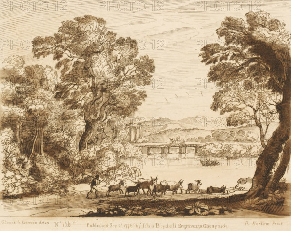 Landscape with a drover near a lake, Liber Veritatis. Or a Collection of Two Hundred Prints, after the original designs of Claude le Lorrain, Prints after drawings by Claude Lorrain, print, Series number, 156, 200, printmaker: Richard Earlom, after drawing by Claude Lorrain, publisher: John Boydell, London, 1776-09-02, paper, mezzotint, etching, mezzotint and etching, printed in brown, height 206 mm x width 260 mm, From 1774 John Boydell published two hundred prints based on the drawing book Liber Veritatis by Claude Lorrain, in the possession of the Dukes of Cavendish. These prints were published in bundled two volumes starting in 1777., pastorals, Arcadian scenes, cattle driving, cattle driver, landscape with bridge, viaduct or aqueduct - II - ideal landscapes, lake - HH - ideal landscapes, A sepia-toned landscape drawing shows a river bordered by trees with detailed, textured foliage and twisting trunks framing the scene on both sides, a small boat with two occupants floating on the...