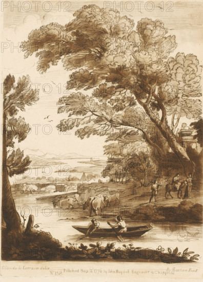 Landscape with rowing boat on a river and flight to Egypt, Liber Veritatis. Or a Collection of Two Hundred Prints, after the original designs of Claude le Lorrain, Prints after drawings by Claude Lorrain, print, Series number, 158, 200, printmaker: Richard Earlom, after drawing by Claude Lorrain, publisher: John Boydell, London, 1776-09-02, paper, mezzotint, etching, mezzotint and etching, printed in brown, height 266 mm x width 192 mm, From 1774 John Boydell published two hundred prints based on the drawing book Liber Veritatis by Claude Lorrain, in the possession of the Dukes of Cavendish. These prints were published in two volumes from 1777 onwards., rowing-boat, canoe, the flight into Egypt: Mary, Joseph, the child (and sometimes others) on their way, Mary usually riding on an ass - BB - landscape predominant, river - HH - ideal landscapes, A sepia-toned landscape drawing showing a river in the foreground with a small rowboat holding two figures, one rowing and one leaning toward t...