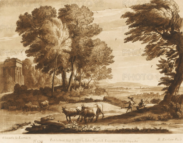 Landscape with Mercury and Battus, Liber Veritatis. Or a Collection of Two Hundred Prints, after the original designs of Claude le Lorrain, Prints after drawings by Claude Lorrain, print, Series number, 159, 200, printmaker: Richard Earlom, after drawing by Claude Lorrain, publisher: John Boydell, London, 1776-09-02, paper, mezzotint, etching, mezzotint and etching, printed in brown, height 206 mm x width 260 mm, From 1774 John Boydell published two hundred prints based on the drawing book Liber Veritatis by Claude Lorrain, in the possession of the Dukes of Cavendish. These prints were published in bundled two volumes starting in 1777., herding, herdsman, herdswoman, shepherd, shepherdess, cowherd, cattle, landscape with ruins - II - ideal landscapes, Mercury and Battus, Battus is bribed with a heifer as hush-money, A sepia-toned landscape drawing showing a group of tall, leafy trees on a gently sloping terrain beside a body of water, with cows grazing and standing near the water's edg...