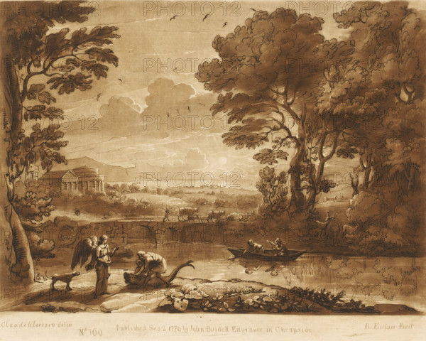 Landscape with Tobias, the fish and the angel, Liber Veritatis. Or a Collection of Two Hundred Prints, after the original designs of Claude le Lorrain, Prints after drawings by Claude Lorrain, print, Series number, 160, 200, printmaker: Richard Earlom, after drawing by Claude Lorrain, publisher: John Boydell, London, 1776-09-02, paper, mezzotint, etching, mezzotint and etching, printed in brown, height 207 mm x width 260 mm, From 1774 John Boydell published two hundred prints based on the drawing book Liber Veritatis by Claude Lorrain, in the possession of the Dukes of Cavendish. These prints were published in two volumes from 1777 onwards., cattle driving, cattle driver, Tobias captures the fish and pulls it on the land, the angel Raphael tells Tobias to cut the fish to pieces, landscape with bridge, viaduct or aqueduct - II - ideal landscapes, river - HH - ideal landscapes, A sepia-toned landscape drawing showing a river scene framed by large, leafy trees on both sides, with a stone ...