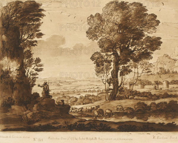 Landscape with Moses and the Burning Bush, Prints after drawings by Claude Lorrain, Liber Veritatis. Or a Collection of Two Hundred Prints, after the original designs of Claude le Lorrain, print, Series number, 161, 200, printmaker: Richard Earlom, after drawing by Claude Lorrain, publisher: John Boydell, London, 1776-12-03, paper, mezzotint, etching, mezzotint and etching, printed in brown, height 206 mm x width 259 mm, From 1774 John Boydell published two hundred prints based on the drawing book Liber Veritatis by Claude Lorrain, in the possession of the Dukes of Cavendish. These prints were published in two volumes from 1777 onwards., river - HH - ideal landscapes, city-view, and landscape with man-made constructions - II - ideal landscapes, Moses, kneeling before the bush and hiding his face, listens to God, A sepia-toned landscape drawing showing a wide open view with large, detailed trees on both sides framing a distant plain and horizon. On the left, a rocky cliff rises with win...