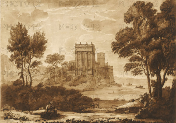 Landscape with Psyche at the Palace of Amor, Prints after drawings by Claude Lorrain, Liber Veritatis. Or a Collection of Two Hundred Prints, after the original designs of Claude le Lorrain, print, Series number, 162, 200, printmaker: Richard Earlom, after drawing by Claude Lorrain, publisher: John Boydell, London, 1776-12-03, paper, mezzotint, etching, mezzotint and etching, printed in brown, height 206 mm x width 260 mm, From 1774 John Boydell published two hundred prints based on the drawing book Liber Veritatis by Claude Lorrain, in the possession of the Dukes of Cavendish. These prints were published in two volumes from 1777 onwards., castle, coast - HH - ideal landscapes, landscape with tower or castle - II - ideal landscapes, story of Cupid and Psyche (Apuleius, 'Metamorphoses' (Golden Ass) IV 28 - VI 25), A sepia-toned landscape drawing showing a large classical building with a tall central facade and adjacent rounded tower set on a rocky shoreline, surrounded by trees and shru...