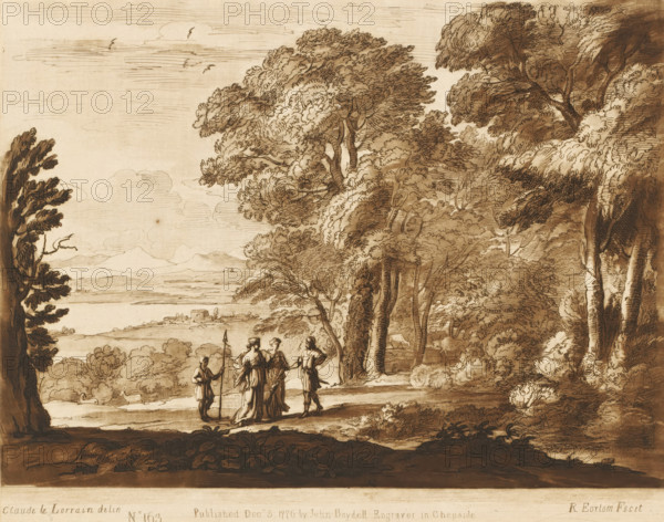 Landscape with Cephalus and Procris, Liber Veritatis. Or a Collection of Two Hundred Prints, after the original designs of Claude le Lorrain, Prints after drawings by Claude Lorrain, print, Series number, 163, 200, printmaker: Richard Earlom, after drawing by Claude Lorrain, publisher: John Boydell, London, 1776-12-03, paper, mezzotint, etching, mezzotint and etching, printed in brown, height 206 mm x width 258 mm, From 1774 John Boydell published two hundred prints based on the drawing book Liber Veritatis by Claude Lorrain, in the possession of the Dukes of Cavendish. These prints were published in two volumes from 1777 onwards, Cephalus and Procris, lake - HH - ideal landscapes, forest, wood - HH - ideal landscapes, A sepia-toned landscape drawing showing a group of people gathered on a path beneath large, leafy trees, with dense foliage filling the right side and a more open view to the left where distant hills and a body of water are visible; the people wear flowing garments and o...