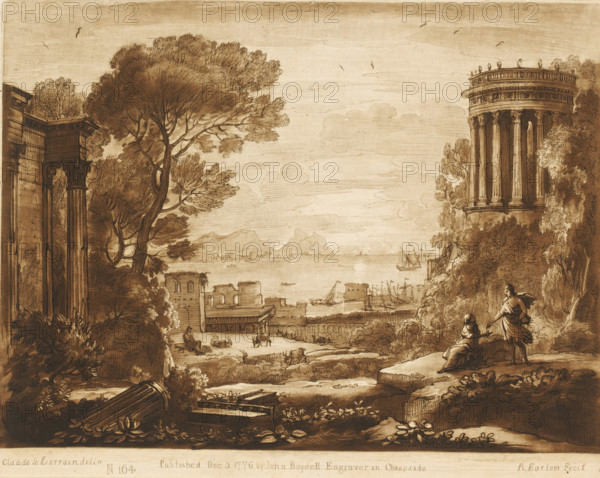 Coastal landscape with Apollo and the Sibyl of Cumae, Prints after drawings by Claude Lorrain, Liber Veritatis. Or a Collection of Two Hundred Prints, after the original designs of Claude le Lorrain, print, Series number, 164, 200, printmaker: Richard Earlom, after drawing by Claude Lorrain, publisher: John Boydell, London, 1776-12-03, paper, mezzotint, etching, mezzotint and etching, printed in brown, height 206 mm x width 258 mm, From 1774 John Boydell published two hundred prints based on the drawing book Liber Veritatis by Claude Lorrain, in the possession of the Dukes of Cavendish. These prints were published in two volumes from 1777 onwards., sea (seascape), landscape with ruins - II - ideal landscapes, coast - HH - ideal landscapes, the Cumaean Sibyl is granted long life: Apollo grants the Cumaean Sibyl as many years as she has grains of sand in her hand, in return for her love (Ovid, Metamorphoses XIV 136), A sepia-toned landscape drawing shows a coastal scene with classical ru...