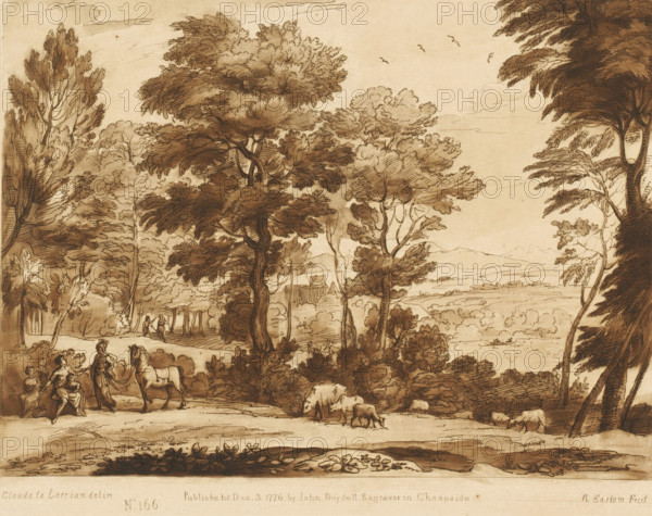 Landscape with Erminia and the old shepherd, Prints after drawings by Claude Lorrain, Liber Veritatis. Or a Collection of Two Hundred Prints, after the original designs of Claude le Lorrain, print, Series number, 166, 200, Scene from the poem Jerusalem Delivered (1581) by Torquato Tasso., printmaker: Richard Earlom, after drawing by Claude Lorrain, publisher: John Boydell, London, 1776-12-03, paper, mezzotint, etching, mezzotint and etching, printed in brown, height 207 mm x width 258 mm, From 1774 John Boydell published two hundred prints based on the drawing book Liber Veritatis by Claude Lorrain, in the possession of the Dukes of Cavendish. These prints were published in two volumes from 1777 onwards., herding, herdsman, herdswoman, shepherd, shepherdess, cowherd, (scenes from) specific works of literature: Tasso, Gerusalemme Liberata, Erminia, forest, wood - HH - ideal landscapes, A sepia-toned landscape drawing showing a wooded scene with tall, leafy trees of various shapes and si...