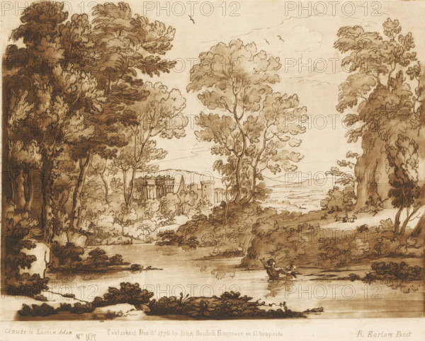 Landscape with Psyche saved from drowning, Liber Veritatis. Or a Collection of Two Hundred Prints, after the original designs of Claude le Lorrain, Prints after drawings by Claude Lorrain, print, Series number, 167, 200, printmaker: Richard Earlom, after drawing by Claude Lorrain, publisher: John Boydell, London, 1776-12-03, paper, mezzotint, etching, mezzotint and etching, printed in brown, height 207 mm x width 257 mm, From 1774 John Boydell published two hundred prints based on the drawing book Liber Veritatis by Claude Lorrain, in the possession of the Dukes of Cavendish. These prints were published in bundled two volumes starting in 1777., river - HH - ideal landscapes, sorrows of Psyche: she is saved by the river from drowning, A sepia-toned ink drawing showing a river or lake foreground with a small boat carrying two figures, surrounded by dense clusters of trees with detailed foliage on both sides, rocky banks and shrubs along the water, and a distant view of architectural ruin...